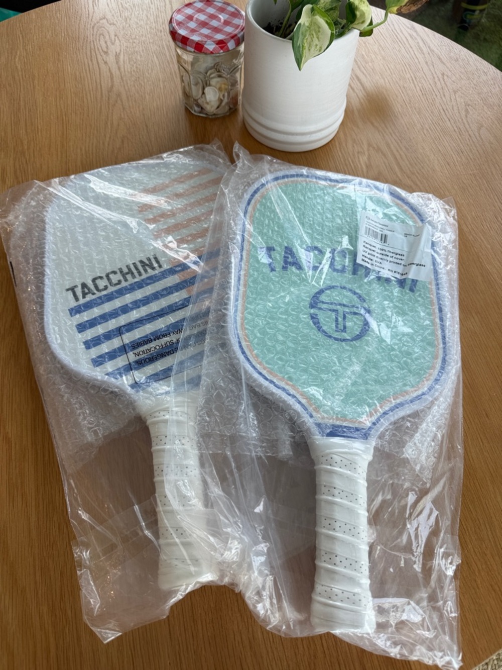 Sergio Tacchini White Pickleball Paddle with Blue & Peach Stripes